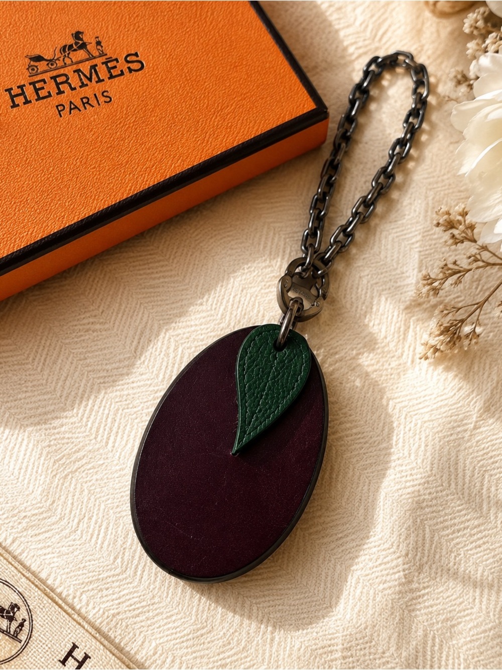 Hermès Vintage Plum Fruit Leather Bag Charm Collectible w/ COA